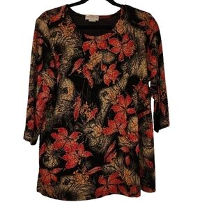 Notations Dark Floral Metallic Slinky Top Size 1X Texture Black/Red Half Sleeve